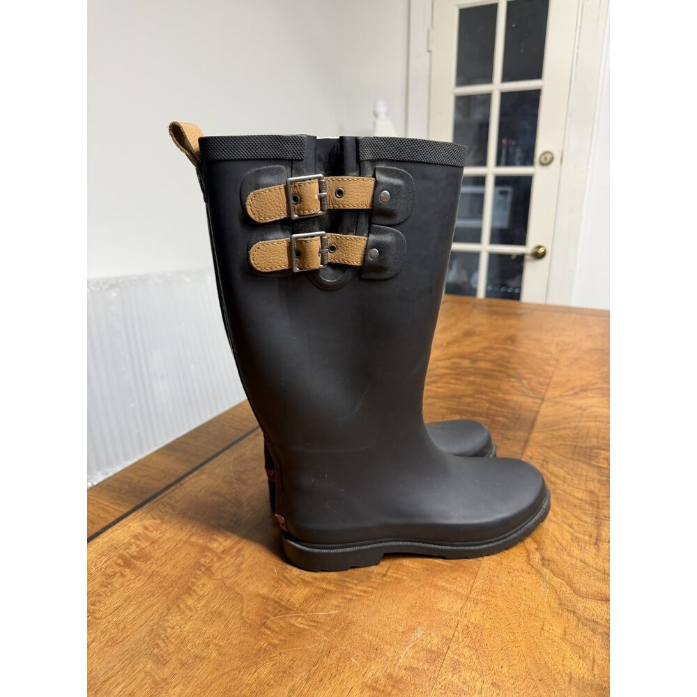CHOOKA Women’s 9 Black Solid Mid Calf Rubber Rain Boots Wellies Buckles Garden - Picture 2 of 7